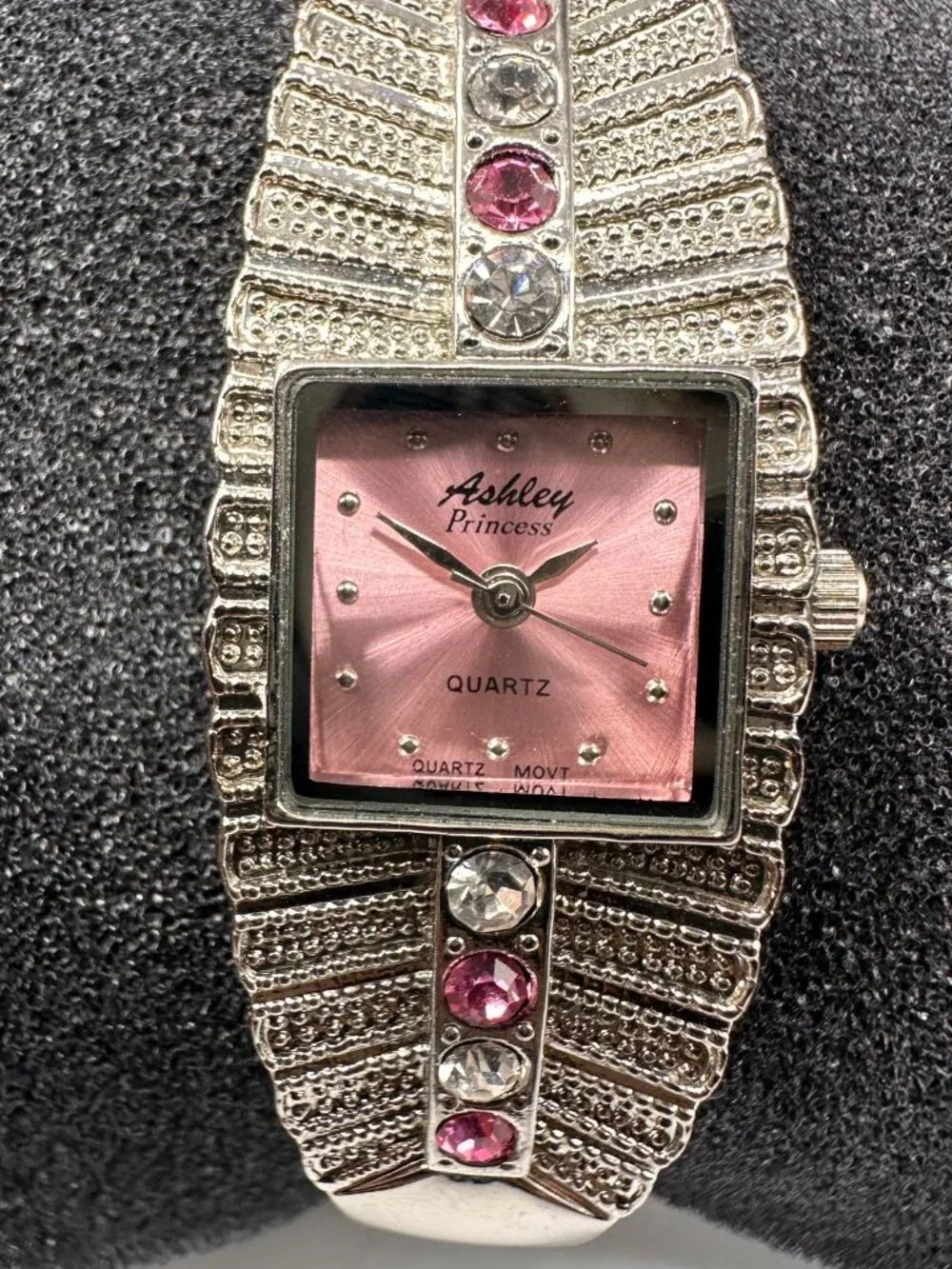 Ashley Princess Watch Women Silver Tone Pink Square Dial Rhinestones Working